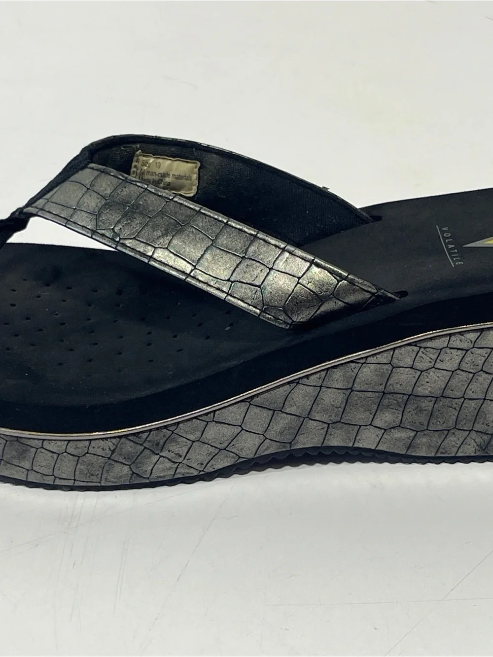 Volatile Metallic Black Croc-Embossed Wedge Thong Sandals